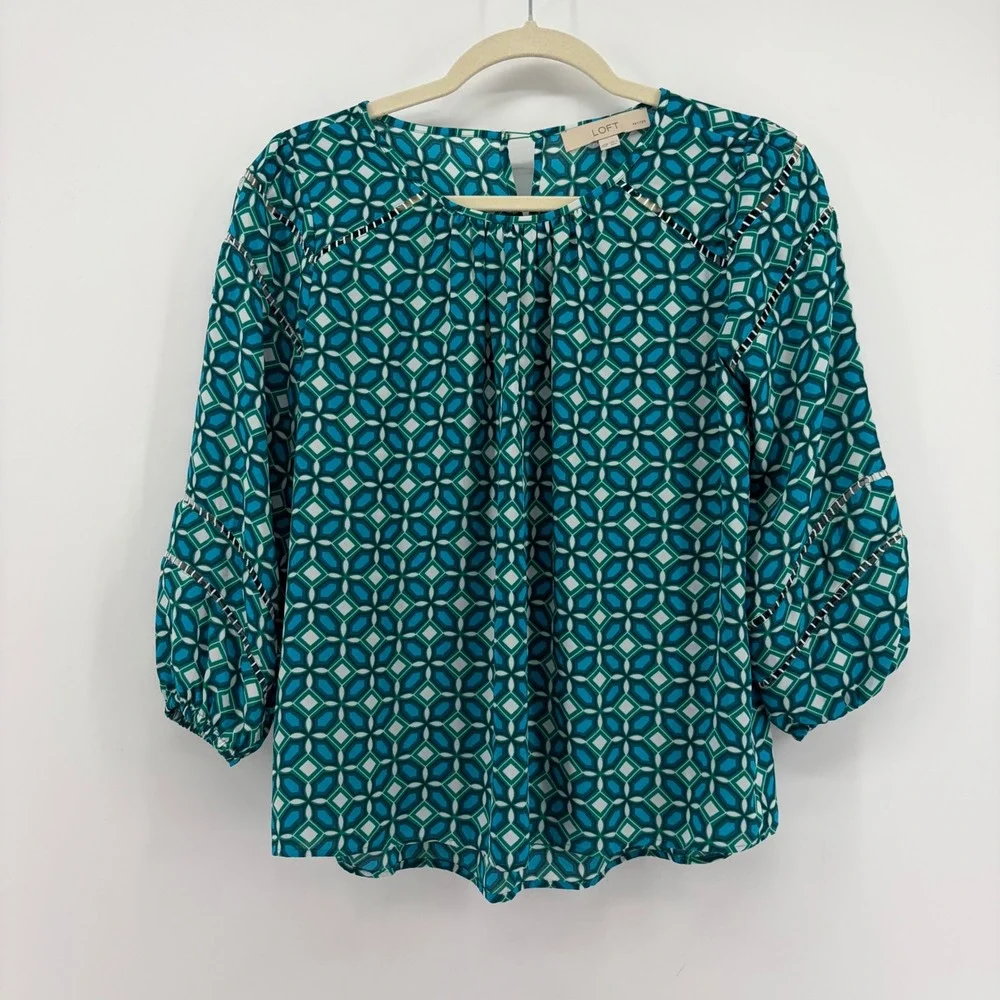 LOFT Womens XSP Teal Geometric Tile Print 3/4 Sleeve Ladder Lace Blouse Top